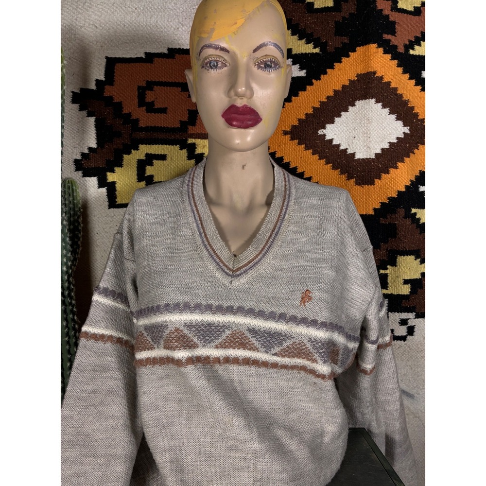 Bronzini V-Neck Sweater Mens Large Grey Geometric Southwestern Wool Mix Vtg